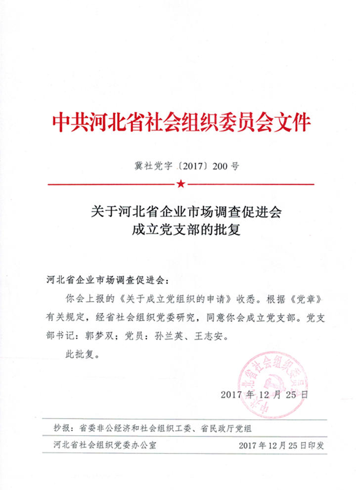 关于批准中共河北省企业市场调查促进会正式党支部批复(图1)